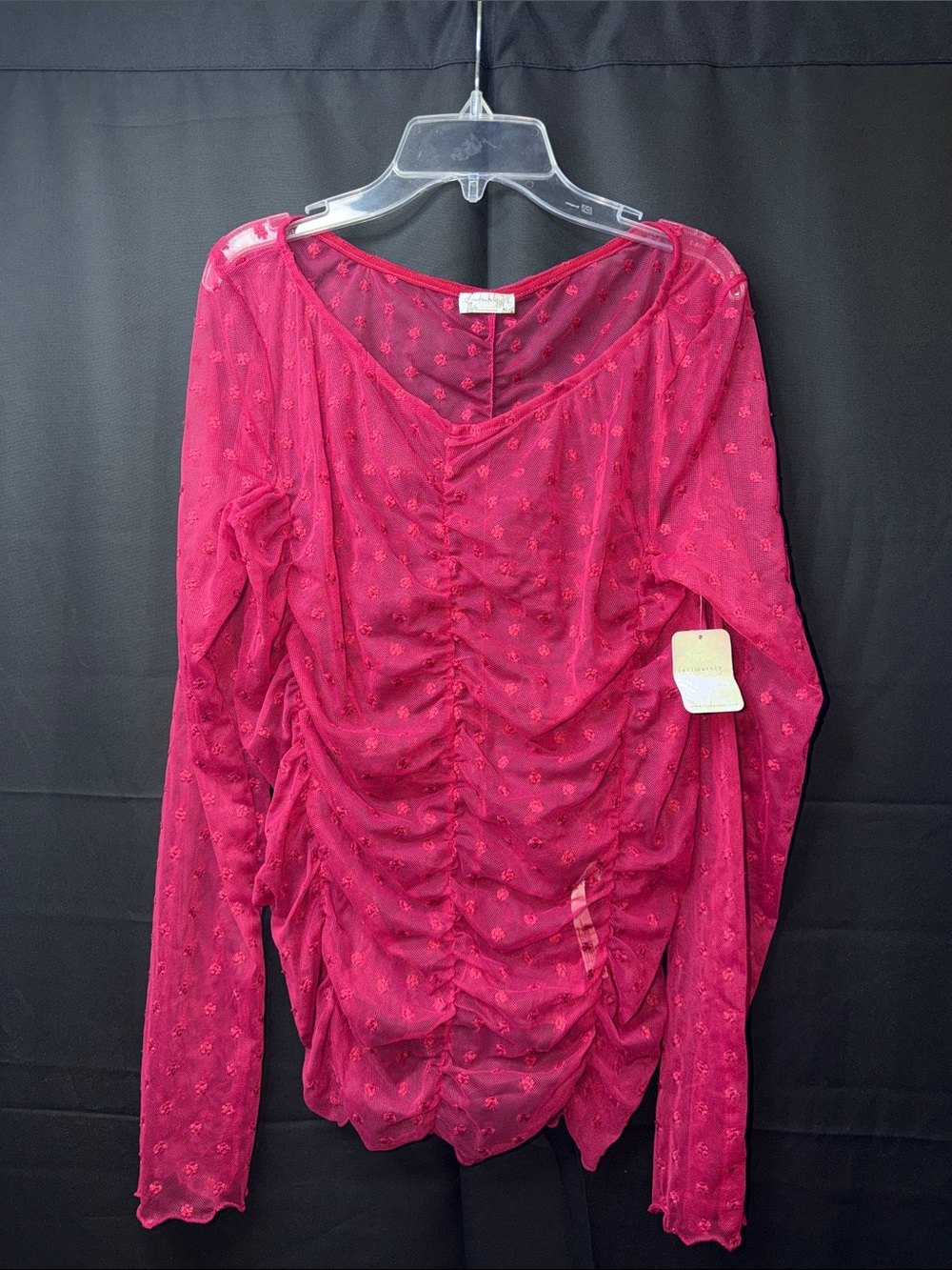 Free People Ruched Long-Sleeve Mesh Top in Fuchsia